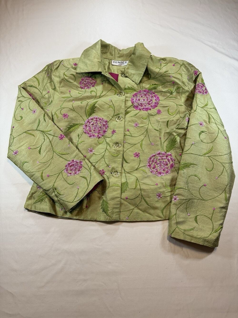 Tunique Nights Silk Embroidered Beaded Floral Jacket Women’s Small Green Pink